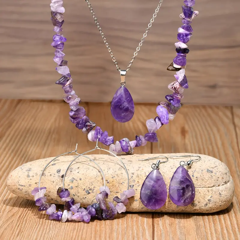 6-Piece Set Bohemian Style Amethyst Crystal Jewelry Set