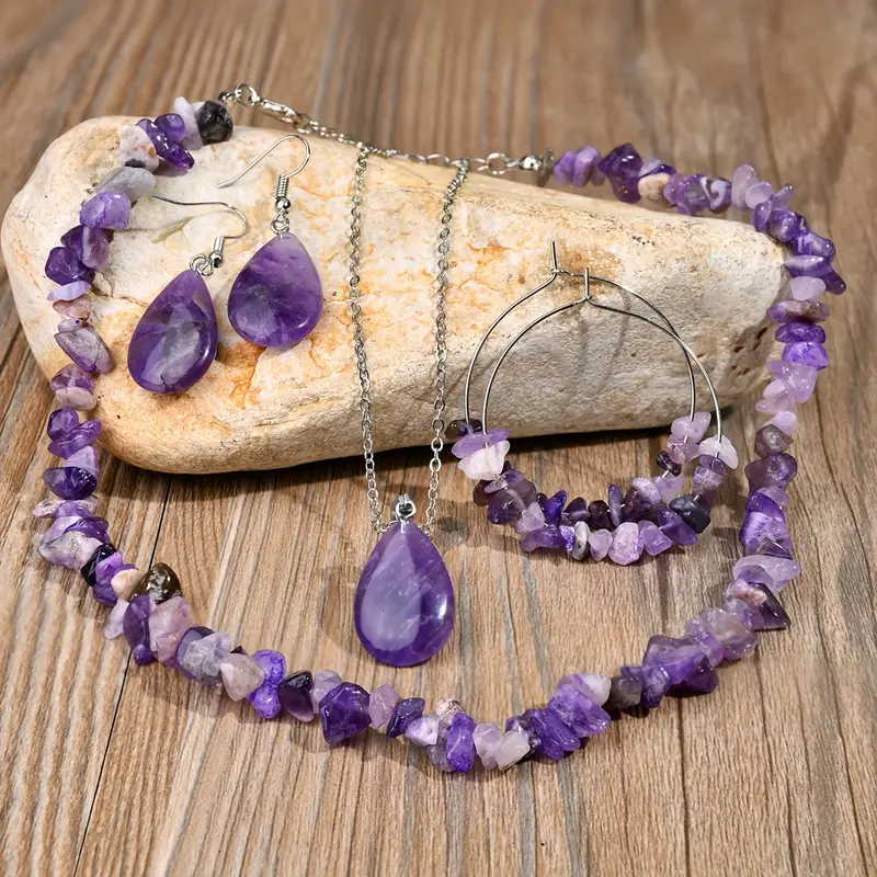 6-Piece Set Bohemian Style Amethyst Crystal Jewelry Set