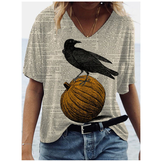 New Women's Crow and Pumpkin Print T-Shirt