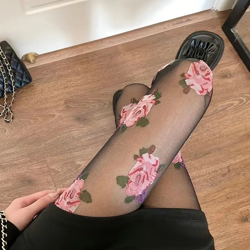 1 Pair Vintage Rose Print Sheer Pantyhose