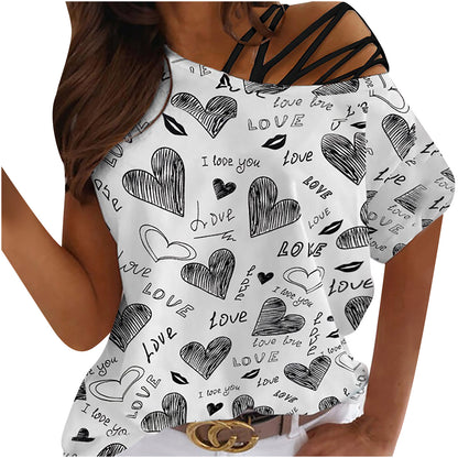 Love Heart Printed Round Neck Off Shoulder Irregular Women's Short Sleeve T-Shirt