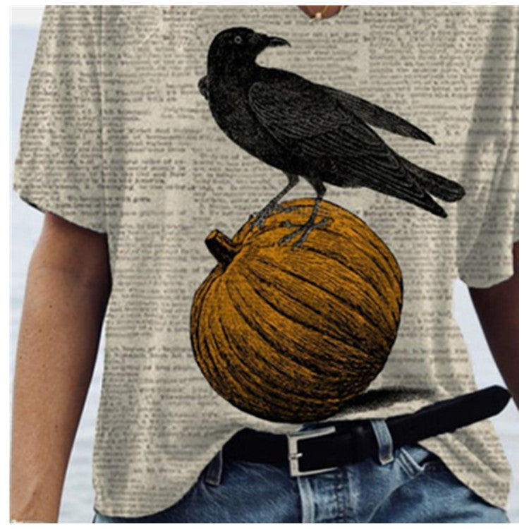 New Women's Crow and Pumpkin Print T-Shirt