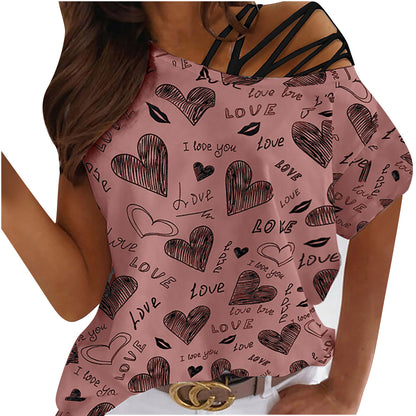 Love Heart Printed Round Neck Off Shoulder Irregular Women's Short Sleeve T-Shirt