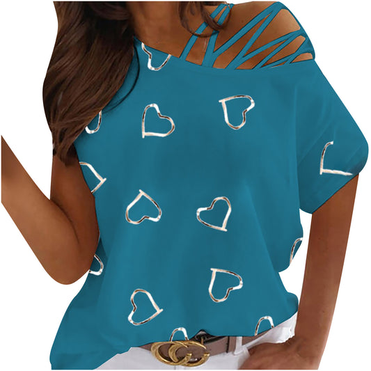 Love Heart Printed Round Neck Off Shoulder Irregular Women's Short Sleeve T-Shirt