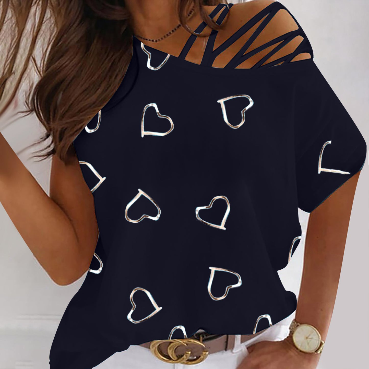 Love Heart Printed Round Neck Off Shoulder Irregular Women's Short Sleeve T-Shirt