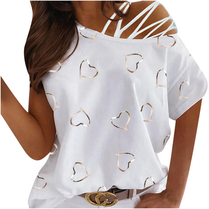 Love Heart Printed Round Neck Off Shoulder Irregular Women's Short Sleeve T-Shirt