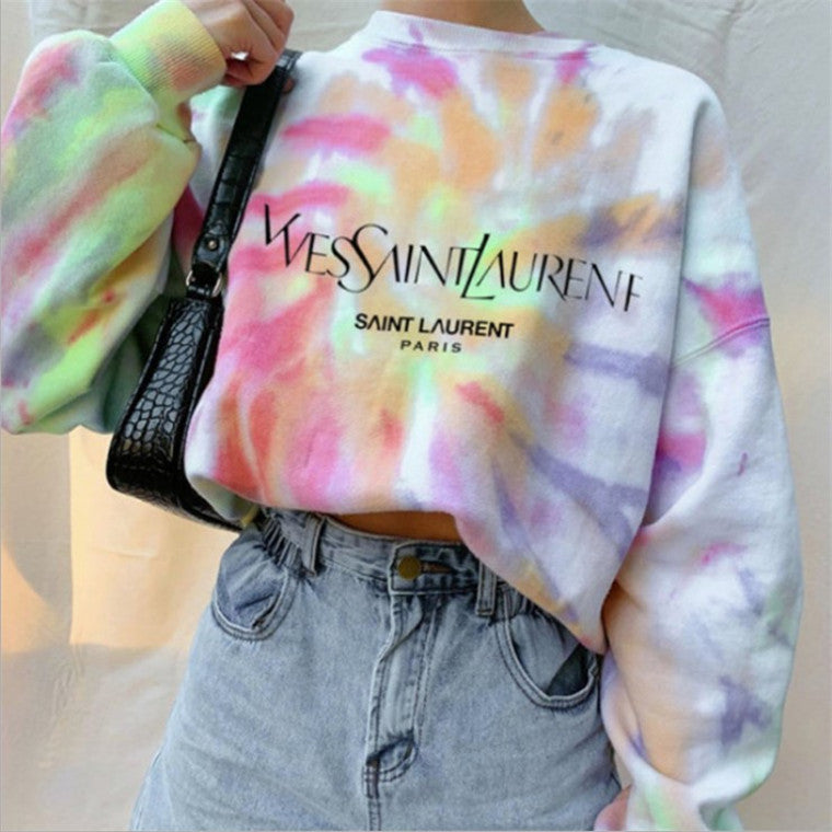 Tie-dye printed round neck long-sleeved T-shirt sweatshirt for women