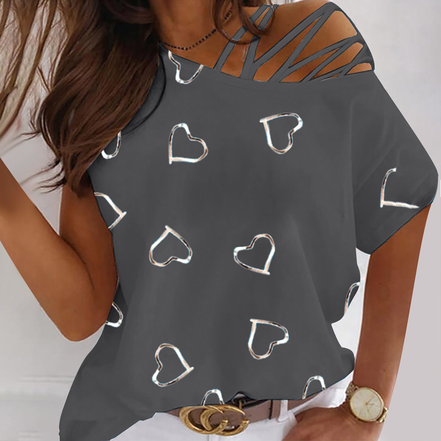 Love Heart Printed Round Neck Off Shoulder Irregular Women's Short Sleeve T-Shirt