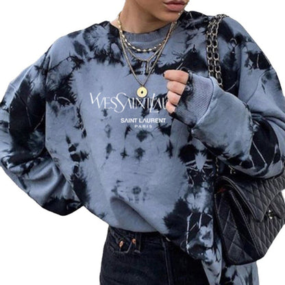 Tie-dye printed round neck long-sleeved T-shirt sweatshirt for women