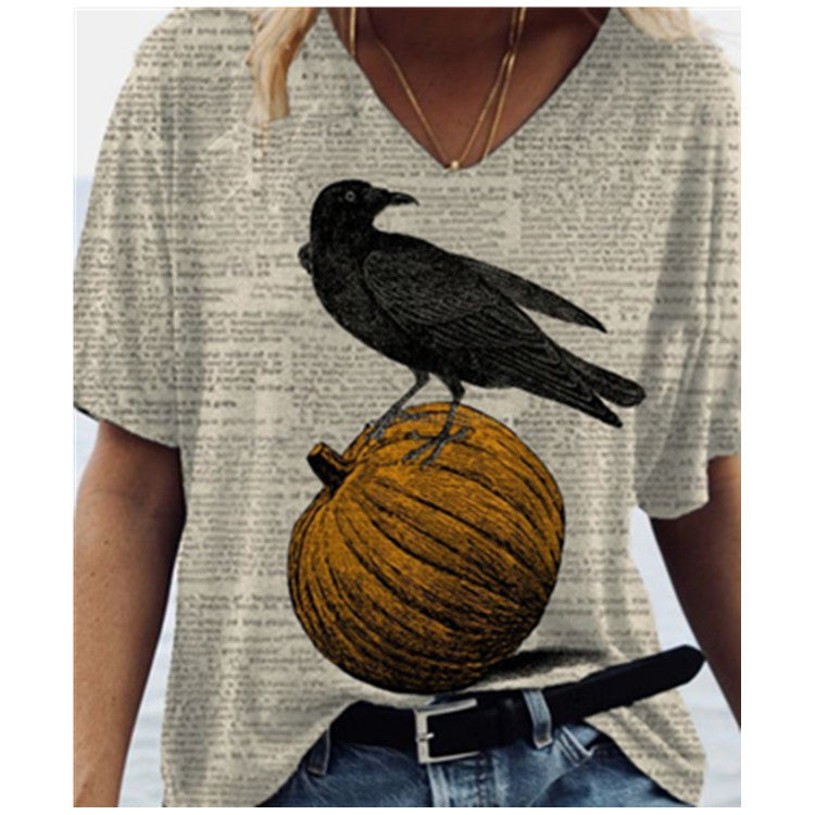 New Women's Crow and Pumpkin Print T-Shirt