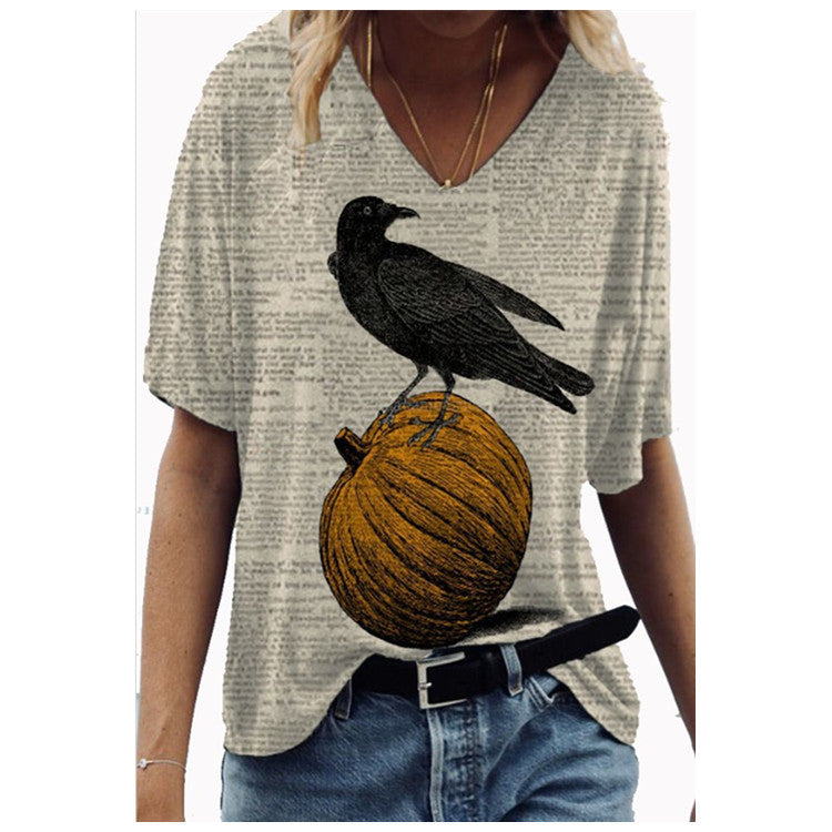 New Women's Crow and Pumpkin Print T-Shirt